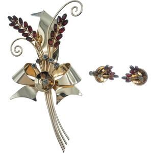 Vendome Vintage 12K Gold Filled Brooch & Earrings Set – Red Rhinestones